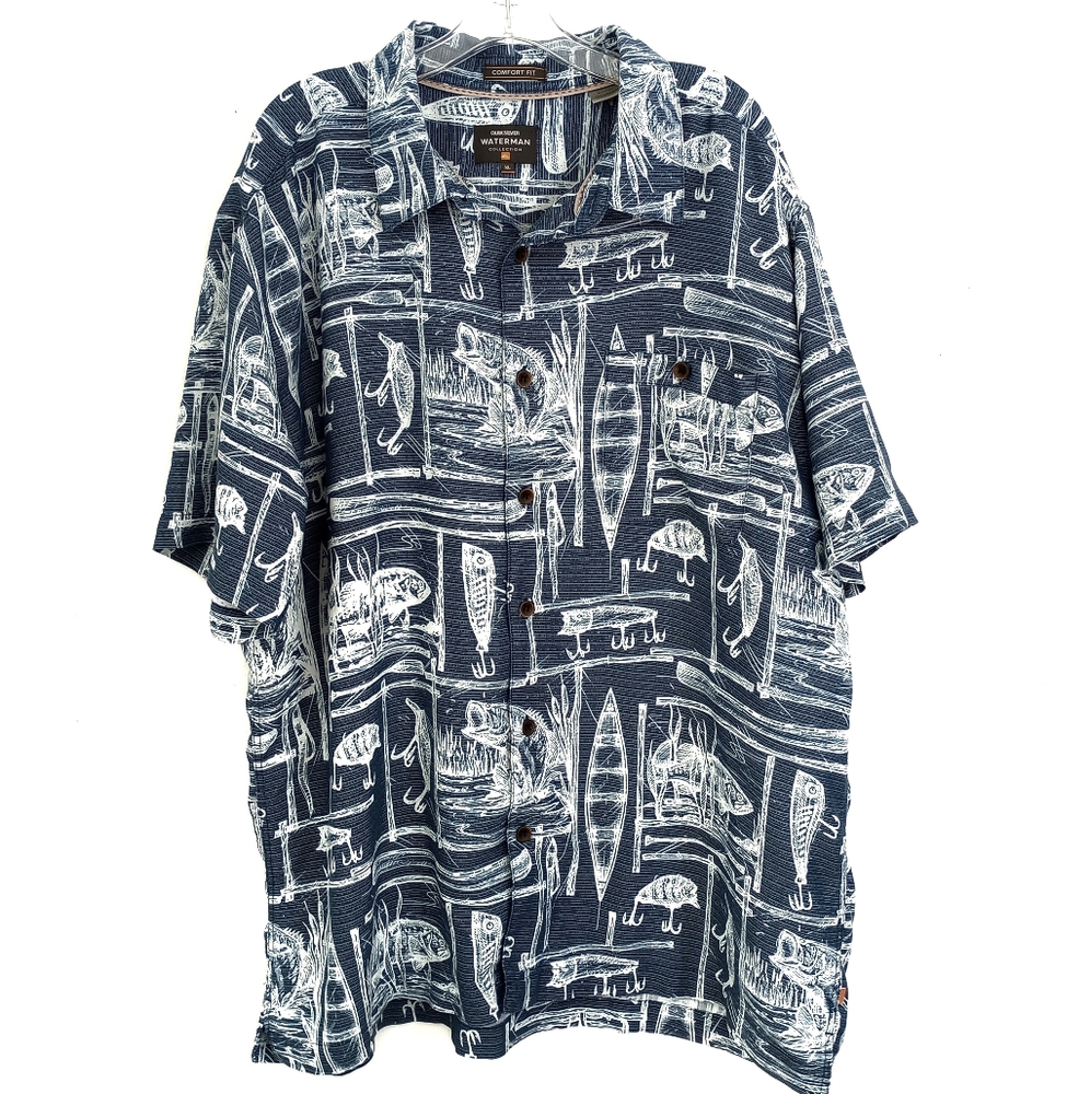 Quiksilver Waterman Collection Comfort Fit Button Shirt Fishing Pattern Size XL
